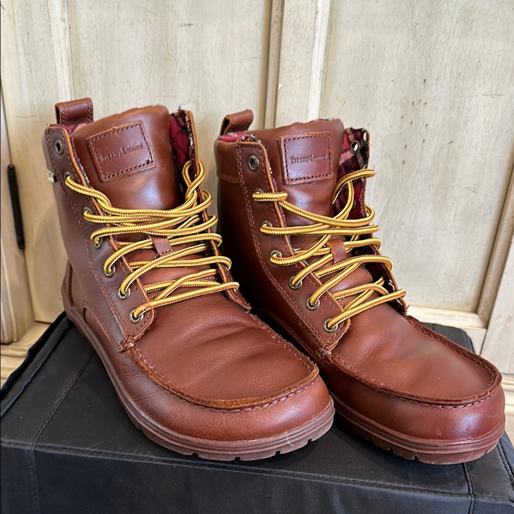 Brown Leather Barefoot Boots with Yellow Laces and Durable Sole